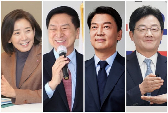 (왼쪽부터) 나경원 저출산고령사회위원회 부위원장, 김기현, 안철수 국민의힘 의원, 유승민 전 국회의원. <김기현·안철수 의원실 제공, 나경원·유승민 SNS>